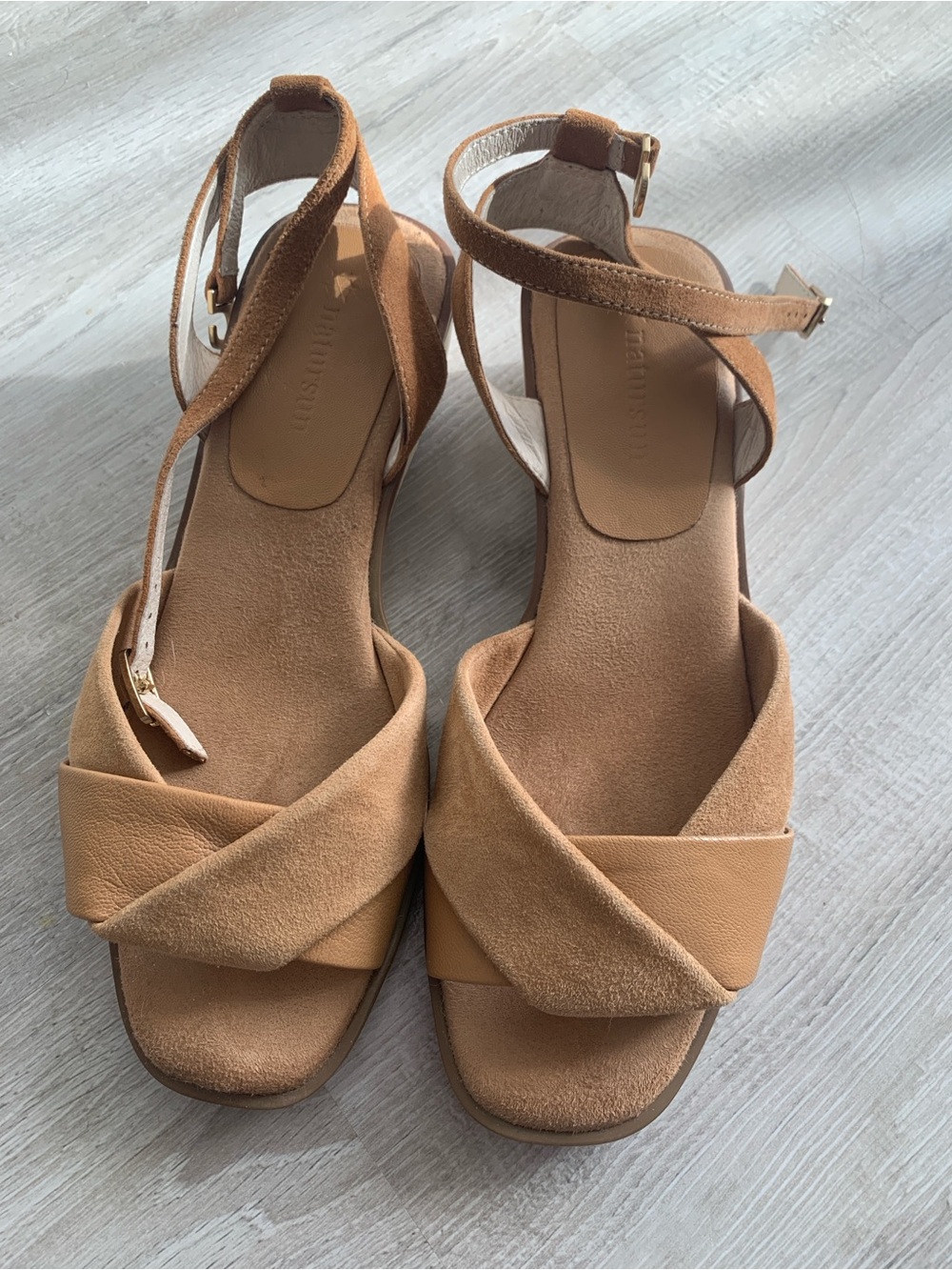 Women's Tan Suede Cross-Strap Ankle Strap Sandals